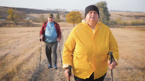 Mature Couple Nordic Walking on Pathway in the Meadow.