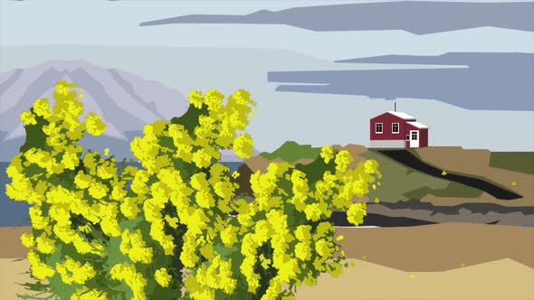 Cartoon animation of branches of mimosas in bloom, silhouettes of red house and high mountain