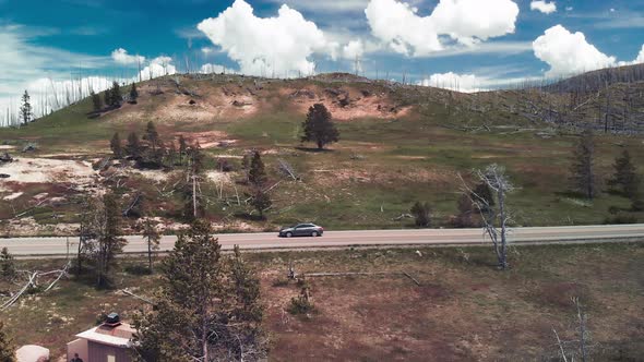 Hills and Mountains of Yellowstone National Park Near the Lake Aerial View