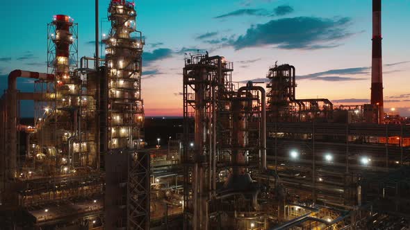 Petroleum Refinery Plant Filmed at Sunset