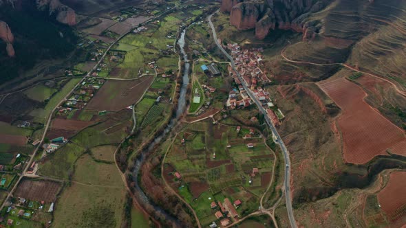 Scenery of small settlement in mountains