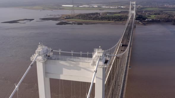 Vehicles Crossing the Severn Bridge Between England and Wales Aerial View