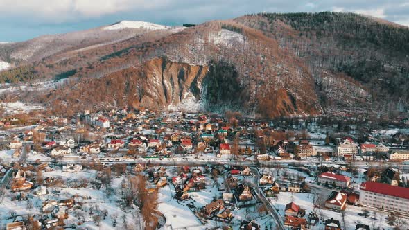 Aerial View of a Village in the Carpathian Mountains in Winter. Yaremche, Ukraine.