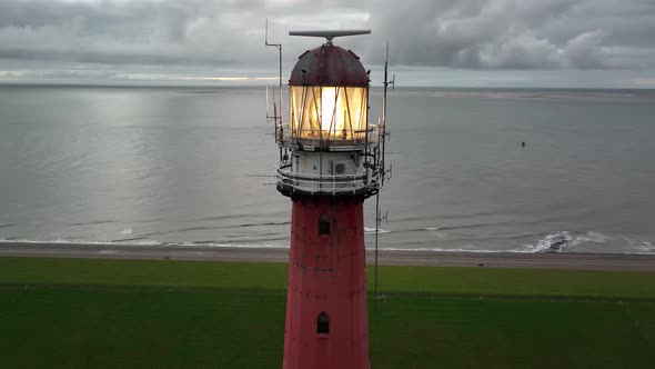 Lighthouse Tower Lange Jaap in Den Helder Drone Aerial Footage 5K Along the Sea Near the Island of