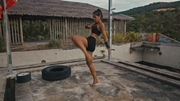 Woman Fighter Trains Her Punches Training Day in the Abandoned Hotel Strength Fit Body