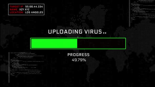 Uploading Virus progress bar computer screen warning message on screen.