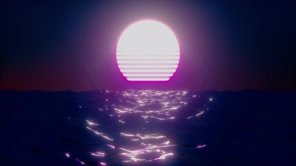 Retro Futuristic Sunset Animation Of Sunset And Sea In The Style Of The 80s 4K