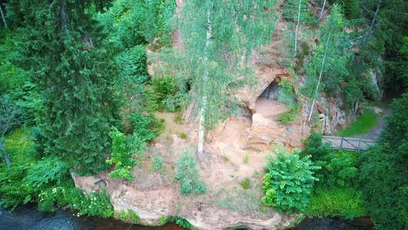 Rock Lustuzis Sandstone Caves in Ligatne, Latvia. Aerial Dron Shot