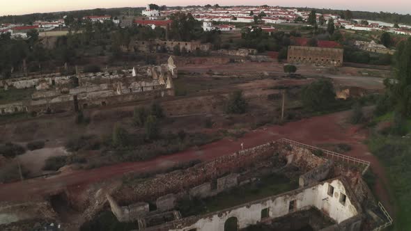 Aerial drone view of the abandoned mines of Mina de Sao Domingos, in Alentejo Portugal