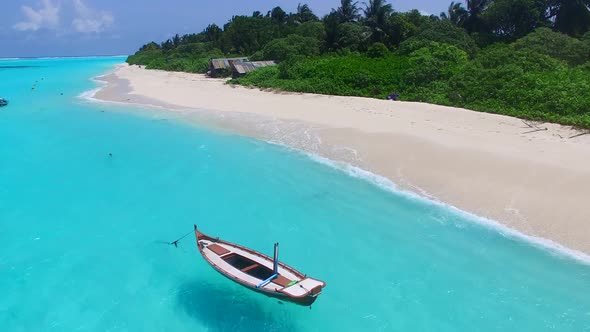 Aerial drone seascape of lagoon beach journey by blue ocean and sand background