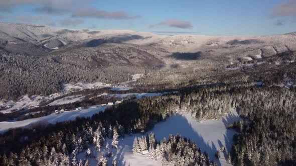 Aerial Winter Forest Mountain Landscape in the Carpathians Panoramic View