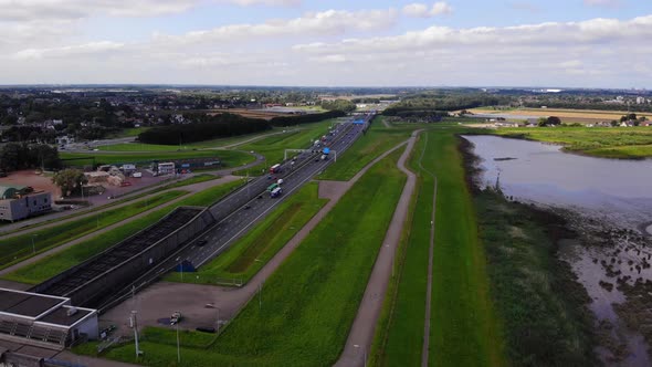 Aerial View Of A15 Motorway With Traffic Moving Both Ways In Hendrik-Ido-Ambacht