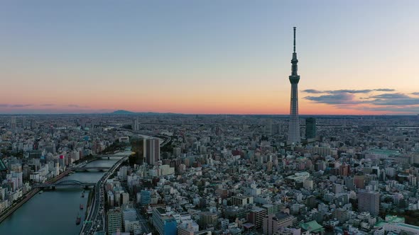 Aerial view 4k video by drone of Tokyo sky tree in Tokyo city Japan