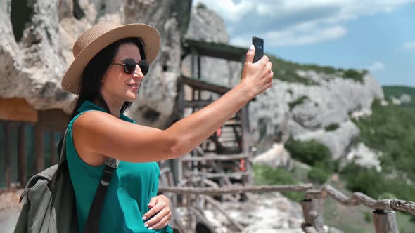 Smiling Female Shooting Video Photo Use Smartphone on Observation Deck