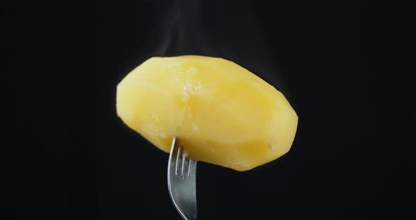 Hot Boiled Potatoes with Steam on the Fork. 