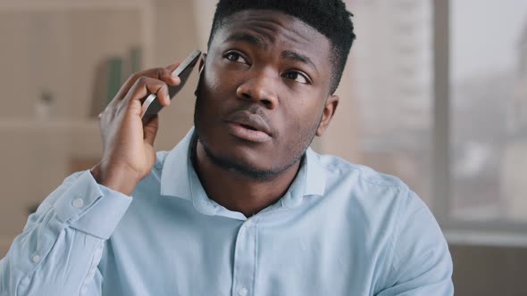 African Man Businessman American Male Employee Worker Answer Incoming Call Talking on Phone in Home