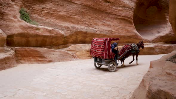 Colorful horse buggies take tourists down the Siq to the Treasury at Petra, Jordan