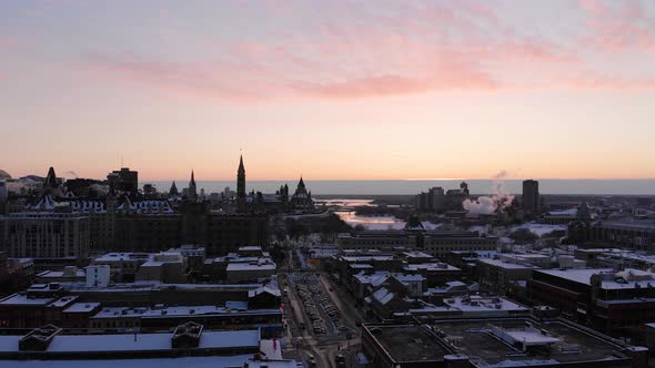 Overhead drone footage of ByWard Market Parliament Hill Ottawa Ontario Canada Glebe in winter with s