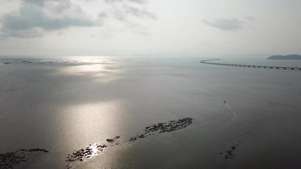 Aerial view fishing boat Penang second Bridge.