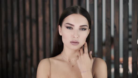 Portrait of Beautiful Elegant Young Brunette Woman Attractively Posing in Studio