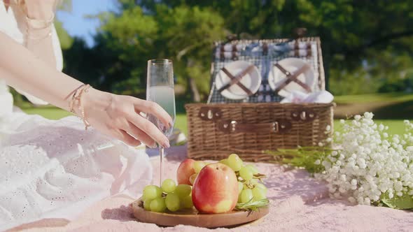 Woman with Drink Making Toast Outdoors Unrecognizable Female Having Fun Picnic