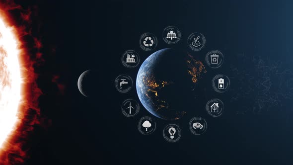 Earth Moon Sun Green Energy Planet Concept White Icons Background alt