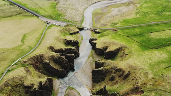 Drone Over Fjaora River And Fjaorargljufur Canyon