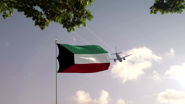 Kuwait Flag With Airplane And City -3D rendering