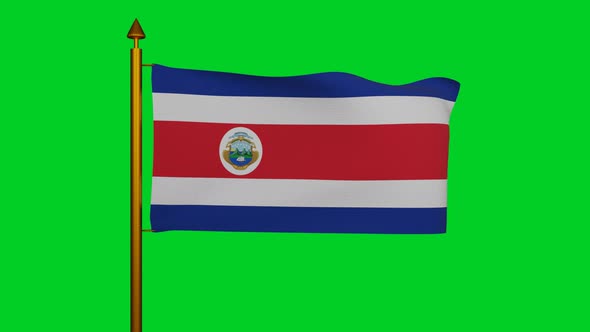 National flag of Costa Rica waving with flagpole on chroma key, Republic of Costa Rica flag textile