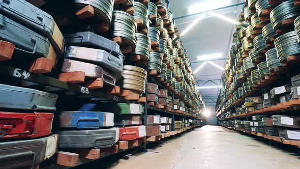 Archive Facility with Film Reels Storaged on the Shelves