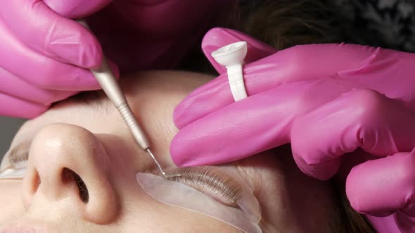 Adult Woman Face on Modern Eyelash Lamination Procedure in a Professional Beauty Salon