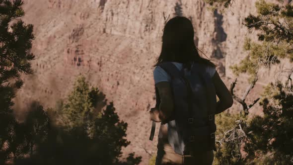 Amazing Cinematic Shot of Happy Young Female Tourist with Backpack Watching Epic Summer Scenery of