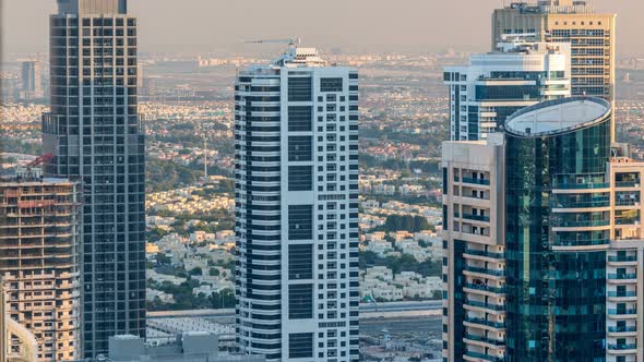 Dubai Marina and JLT Skyscrapers Aerial Skyline During Sunset Timelapse