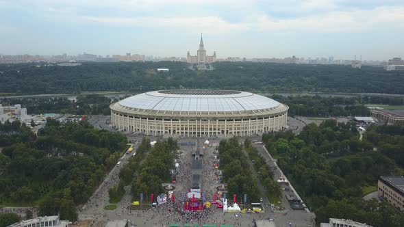 Aerial View of Luzhniki Stadium and Moscow State University in Russian Capital