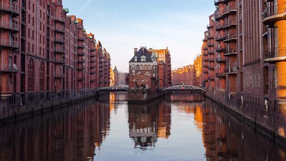 Day Hyper Lapse of Sunrise in Harbor District, Hamburg, Germany