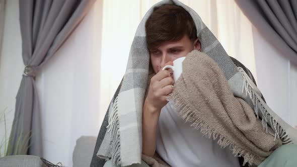 Catch Cold Sick Man Home Treatment Shivering Guy