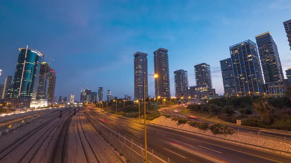 Amazing day to Night City life with Traffic and Skyscrapers in Tel Aviv, Israel