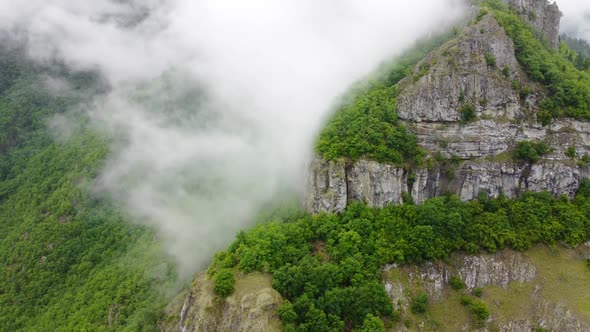 Flying Through Clouds Above Mountain Forest Morning Mist Aerial View Wonderful Inspiring Natural