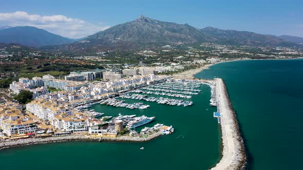 Aerial view of the harbour in Puerto Banus, Malaga, Spain.