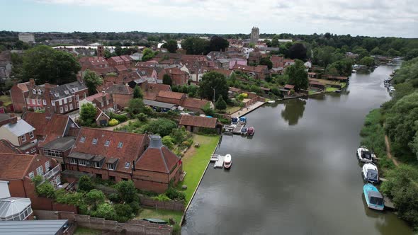 River Waveney, Beccles town in Suffolk UK drone aerial view