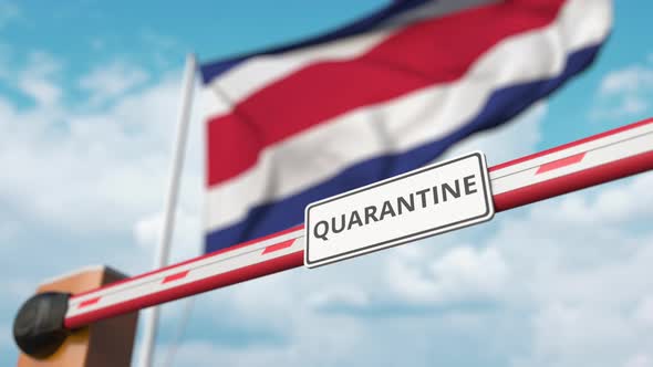 Barrier Gate with QUARANTINE Sign Opens at Flag of Costa Rica