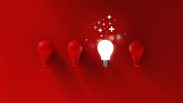 Light bulbs on red background. Positive idea thinking concept. 3D Illustration. alt