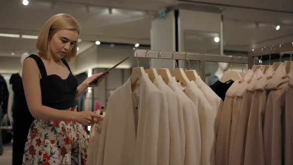 Caucasian Blond Female Examining Clothes in Shop