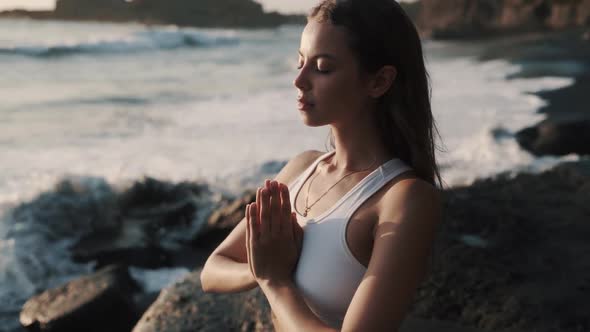 Portrait of Beautiful Girl Meditates and Concentrated on Breathing Slow Motion