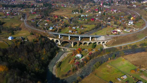 Drone View of Old Bridge Viaduct in Mountain Village Vorokhta Ukraine