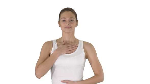 Happy Woman Breathing Deeply Doing Exercise on White Background