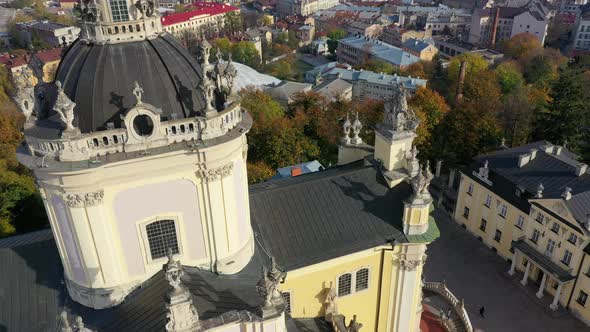 Aerial Video of Saint Yura Church in Central Part of Old City of Lviv, Ukraine