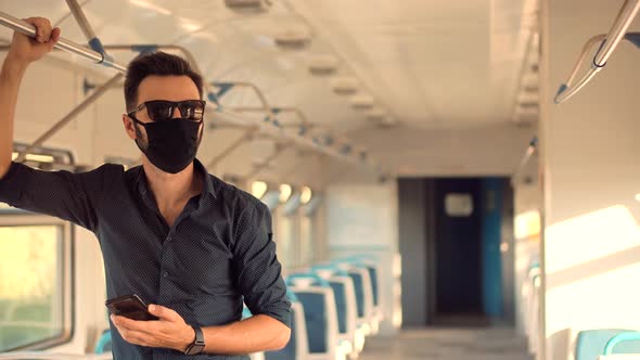 Businessman In Face Mask Protection Epidemic Coronavirus On Public Transport. Man In Face Mask.