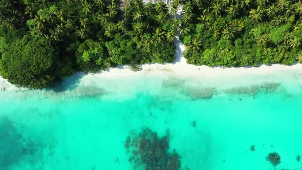 Aerial flying over nature of relaxing bay beach adventure by blue green lagoon and white sand backgr
