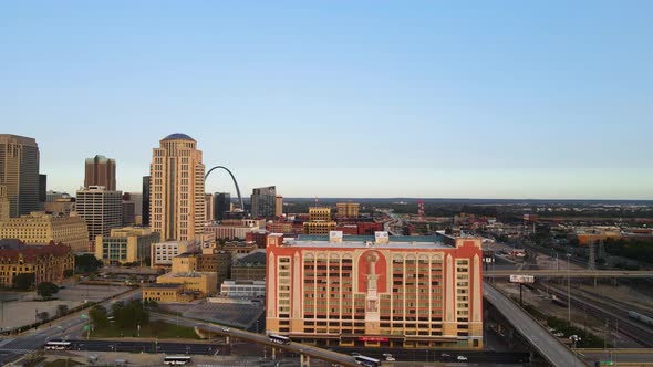 Midwest American City of Saint Louis, Missouri - Downtown District. Aerial Drone Establishing View